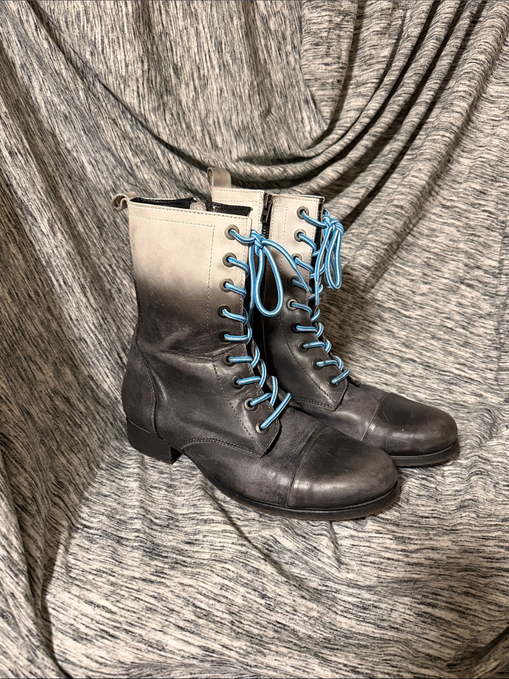 Diesel ombré distressed leather Combat Boots with Blue Laces and zip closure